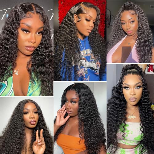 XVE Deep Wave 13x4 Lace Front Wigs Human Hair Pre Plucked 180% Density HD Transparent Lace Frontal Wig Wet And Wavy Wigs For Women Brazilian Hair Curly Glueless Wig Natural Black Color 20 Inch