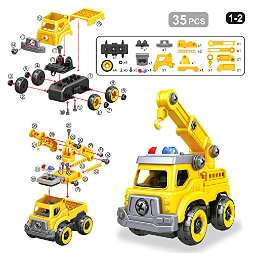 4-in-1 Take Apart Car Toys for Boys, DIY Engineering Construction Truck Toy Vehicle - Dump Truck, Cement Mixer, Excavator, Crane, Kids Building Educational Toy Gift for Age 3 4 5 6 7 8 Year Old Girls