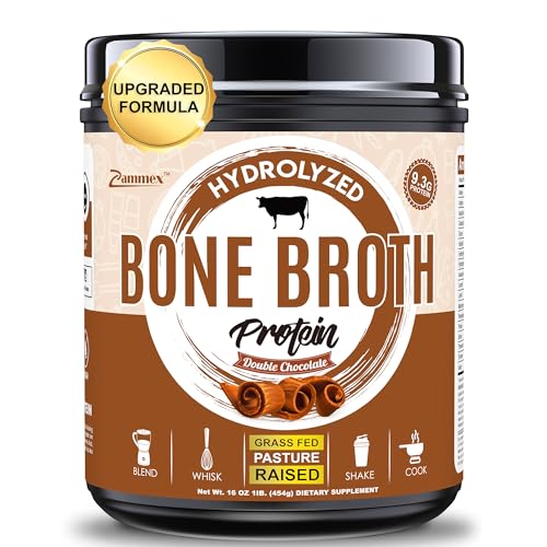 Zammex Bone Broth Protein Powder, Pure Grass Fed Beef, Chocolate Protein Powder,Hydrolyzed Collagen Supplement for Healthy Skin,Nails,Hair,Joints, Non-GMO,Gluten Free, Great in Shakes