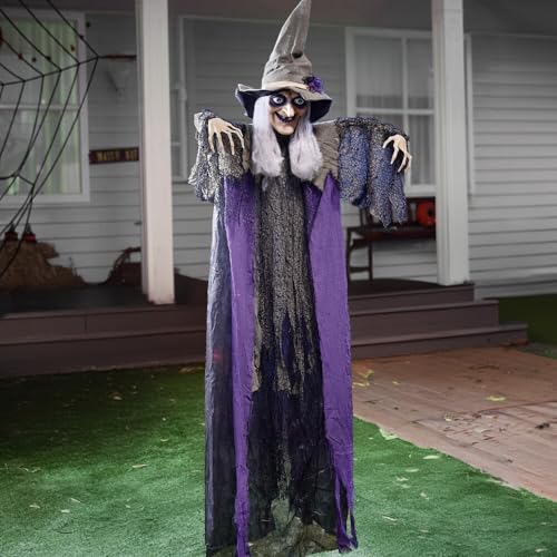 JOYIN 84” Hanging Talking Witch Halloween Decorations Outdoor Decor, Standing Flying Hover Witch Halloween Party Supplies Light Up Eyes Haunted House Front Porch Gard Yard Lawn