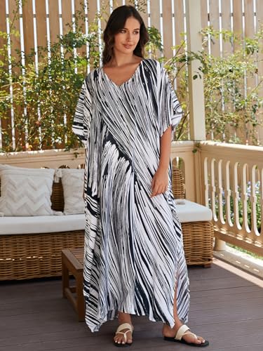 IMAGEKOPE Women's Plus Size Loose Fit Moroccan Print V-Neck Batwing Kaftan Beach Dress Bathing Suit Cover Up