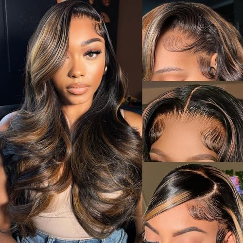 Nickgirl Highlight Lace Front Wig Human Hair 13x4 1B/Pink Body Wave Lace Front Wigs Human Hair Pre Plucked 180% Density HD Lace Colored Wigs Pink Human Hair Wig Glusless Wigs Human Hair 22 Inch