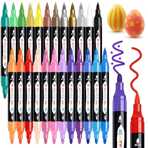 TBC The Best Crafts 24 Colors Dual Tip Acrylic Paint Markers,Waterproof, Non-Toxic, odorless, Suitable for Paper, Pottery, Stones, Backpacks, Glass