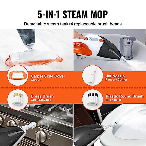 VEVOR Steam Mop, 5-in-1 Floor Steamer, Steam Mop for Hardwood Floors with 4 Replaceable Brush Heads, Floor Steam Cleaner for Ceramic, Granite, Marble, Linoleum, Natural Floor Mop with 2pcs Pads