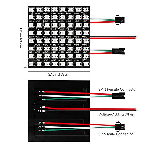 BTF-LIGHTING WS2812B RGB 5050SMD Individually Addressable Digital 8X8 64 Pixels 3.1in x 3.1in LED Matrix Panel Flexible FPCB Full Color Works with SP107E K-100C etc Image Video Display DC5V