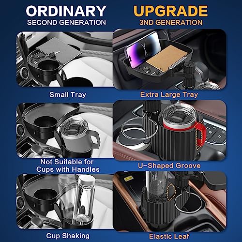 Vondior 2023 Upgraded Car Cup Holder Expander Tray, 4-in-1 Detachable Tray Table with Phone Holder, Dual Cup Holder Compatible with Yeti/Hydro Flask, Road Trip Essentials Car Accessories