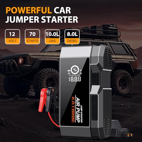 Katoroe Q17 Car Jump Starter with Air Compressor,4500A 160 PSI Portable Jump Starter Battery Pack (10.0L Gas/8.0L Diesel), with QC 3.0,Large Display, 3 Modes Flashlight and Jumper Cable Black