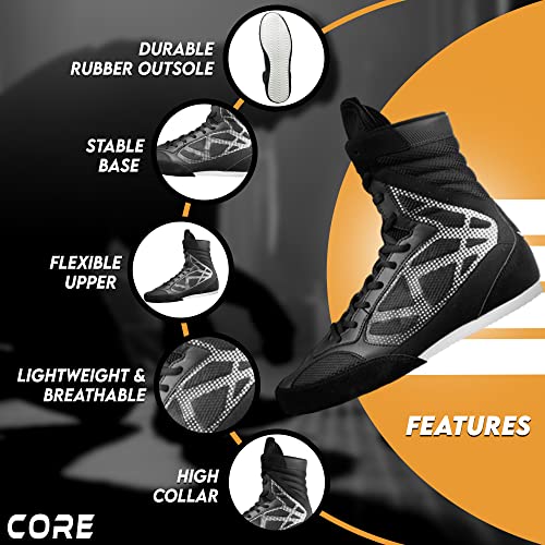 CORE Boxing Shoes - Lightweight Boxing Shoes for Men & Women - Boxing Training Shoes with High Support – High Traction Boxing Boots - Breathable Lace Up Boxer Shoes – Mens Kickboxing Shoes White