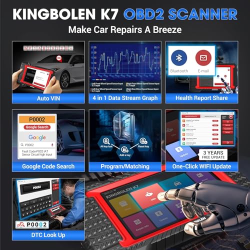 KINGBOLEN K7 OBD2 Scanner Bluetooth: 3-Year Fr-ee Update, 2024 Bidirectional Scan Tool with ECU Coding, 31+ Resets, FCA AutoAuth, Crankshaft Relearn/Active Test, Car Diagnostic Scanner for All Systems