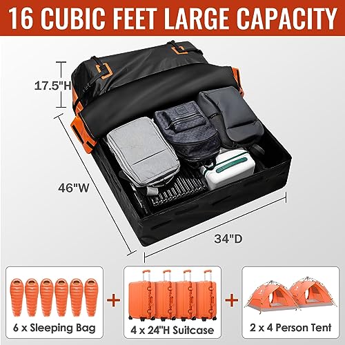 Car Rooftop Cargo Carrier Bag, 16 Cubic Feet Waterproof Car Topper Luggage Storage Bag with Large Capacity & Maximum Protection to Minivan SUV Vehicles w/wo Roof Rack, Non-Slip Mat, Door Hooks, Lock