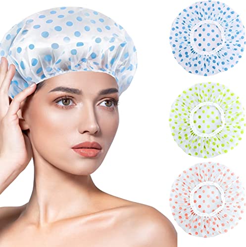 MZD8391 Shower Cap, Reusable Shower Hat Bath Caps - Waterproof with Elastic Band Hair Hat for Men Women Ladies Spa Salon (Coloful Dotted) (6 Packs)