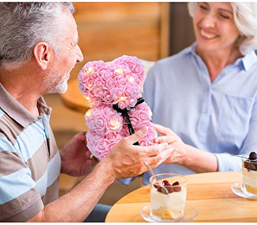 Rose Teddy Bear, Rose Bear Teddy Bear,10" Flower Bears with Lights, Rose Bear Foam Artificial Flower,Lighted Up Rose Teddy Bear Gifts for Valentines Day, Mothers Day,Anniversary (Red)