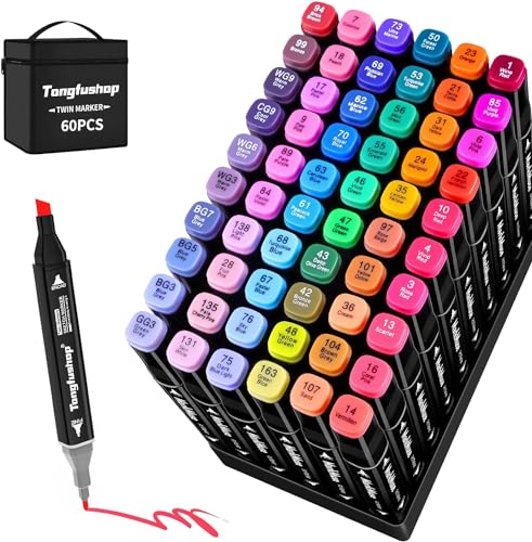 Tongfushop 60 Colors Alcohol Markers, Double Tip Blender Art Drawing Markers Set, Professional Permanent Sketch Markers for Artist Adult Coloring Illustrations with Organizing Case, Pad