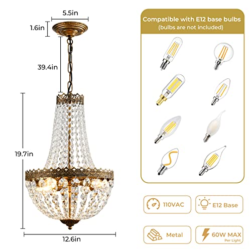 KAIQI 4 Lights French Empire Mini Crystal Chandelier Farmhouse Pendant Lighting, Bronze Finish Ceiling Light Fixture for Dining Room Bedroom Foyer Living Room, D12.6inch x H19.7inch