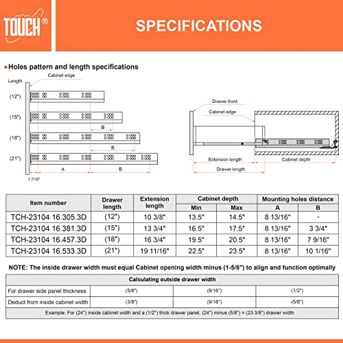 TOUCH Undermount Drawer Slides, Self-Soft Close (1 Pair, 12 Inch 305mm) for 1/2 and 5/8 Inch Side Panel, Kitchen Concealed Drawer Track Guide, Bottom Mount, 75 LB Capacity 3D Adjustable Lock Device.