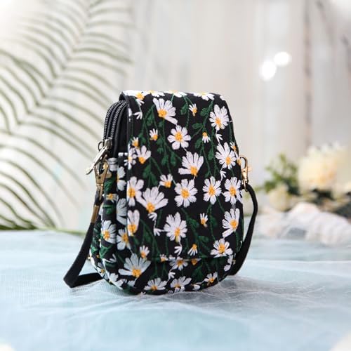 Goodhan Floral Embroidery Crossbody Bag, Mini Canvas Shoulder Bag Cellphone Purse Wristlet Pouch