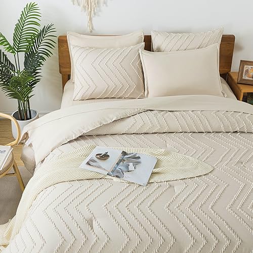 Litanika White Comforter Queen Size Set with Sheets - 7 Pieces Boho Bed in a Bag Chevron Tufted Complete Beddding Sets Lightweight All Season Bed Set with Comforter, Sheets, Pillowcases & Shams