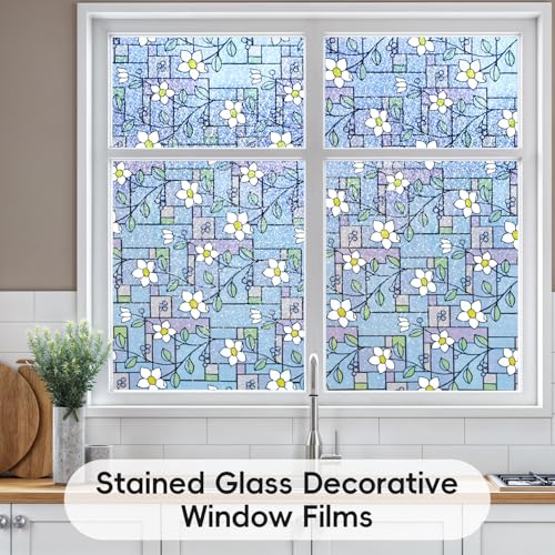 DUOFIRE Total Blackout Window Film, 100% Light Blocking Stained Glass Window Film Decorative, Flower Rainbow Windows Films Room Removable Static Cling Windows Cover for Home, 47.2 x 78.7 inches