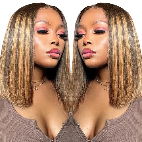 Ombre Highlight Bob Wig Human Hair 13x4 Lace Front Wigs P4/27 Colored Wigs 12 Inch Honey Blonde Bob Human Hair Wigs 180 Density Glueless Short Human Hair Wigs for Women Pre Plucked With Baby Hair