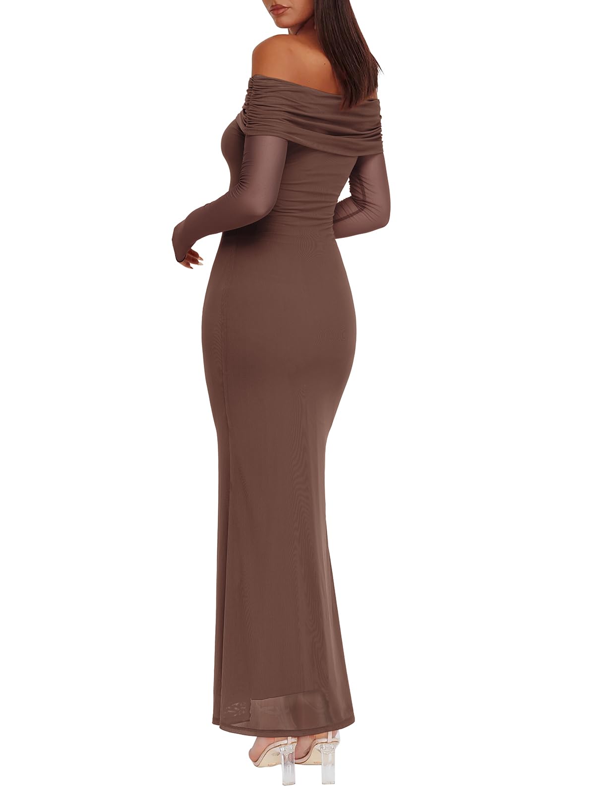 REORIA Women Long Sleeve Off Shoulder Formal Dress Elegant Stretch Mesh Double Lined Bodycon Long Party Wedding Guest Dresses Fall Winter 2024（Coffee Medium）