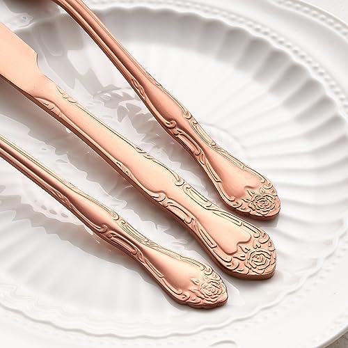 Matte Rose Gold Dessert Forks, FULLYWARE Stainless Steel Satin Finish Forks Silverware Salad Fork Set of 6, Rose Pattern Design, Dishwasher Safe