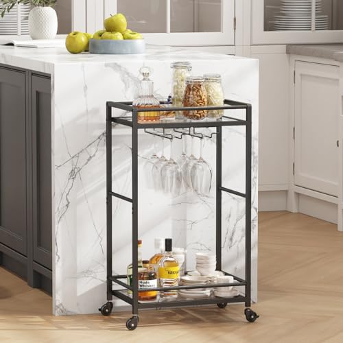 Lifewit Bar Cart Gold, Home Serving Bar Cart with Lockable Wheels, Wine Rolling Cart with 2 Tier Glass Shelves, Liquor Cart with Glass Holder, Beverage Cart for Kitchen Dining Living Room, Black