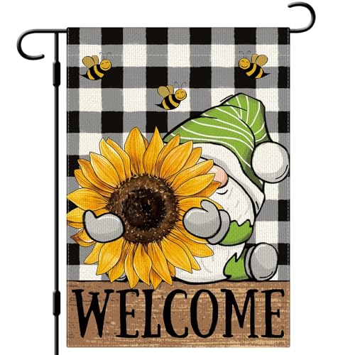 DLZDN Sunflower Gnome Garden Flag 12×18 Inch Double Sided Buffalo Plaid Farmhouse Welcome Yard Flag Spring Summer Seasonal Outdoor Decor