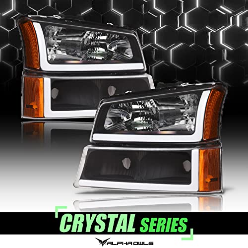 Alpha Owls 8712160 Crystal Headlights With Signal Bumper Lamps & White LED Light Bar 4-Pieces - Black Amber Fits 2003-2006 Chevy Silverado / 2007 Classic Body