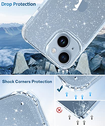 MIODIK Compatible with iPhone 14 Case with Screen Protector + Camera Lens Protector, [Non-Yellowing] Clear Glitter Phone Case, Protective Shockproof Women Cover for 6.1 Inch - Sparkle Clear
