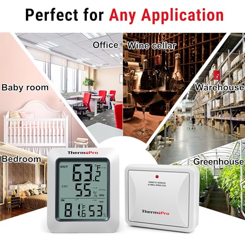 ThermoPro TP60 Digital Hygrometer Indoor Outdoor Thermometer Wireless Temperature and Humidity Gauge Monitor Room Thermometer with 500ft/150m Range Humidity Meter