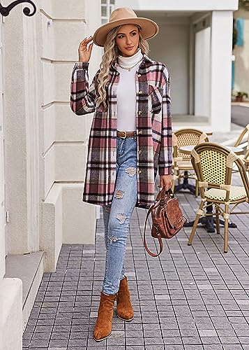 HOTOUCH Womens Flannel Plaid Shacket Jacket Casual Lapel Button Down Tartan Trench Coat Long Sleeve Shirts with Pockets Wine Red