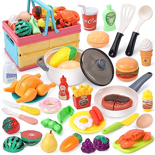 HOLYFUN Play Food Toy Set for Kids Kitchen, Shopping Basket with Cutting Fruit & Vegetables Accessories, Pot and Pan, Plastic Dishes, Toddler Play Kitchen Accessories Educational Toys for Boys Girls