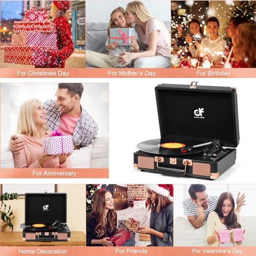 Record Player 3 Speed Portable Suitcase Vinyl Record Player with Built-in Speakers, Bluetooth Input, USB Recording, RCA-Out/AUX-in, Headphone Jack Vintage Turntable Black