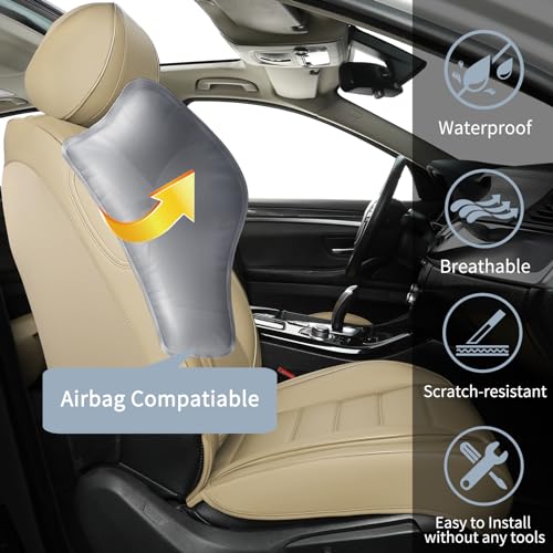 COVER EMPIRE Car Seat Covers Front Seats, Universal Leather Seat Covers for Cars, Waterproof Automotive Seat Covers for Trucks SUVs Sedans, Full Coverage Vehicle Seat Covers with Lumbar Support, Beige