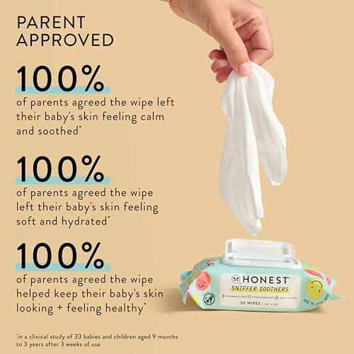 The Honest Company Plant-Based Snot Removing Wipes | Soothing Nose + Face Wipes with Aloe | Hypoallergenic for Sensitive Skin, EWG Verified | Fragrance Free, 30 Count