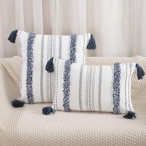 Zufudo Throw Pillow Covers with Tassels Set of 2 Cotton Boho Tufted Modern Farmhouse Decorative Lumbar Pillow Covers for Couch, 12×20 Inch Blue