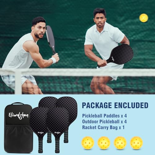 Eliwdshen Pickle Paddles Set of 4, Premium Wood Pickleball Paddles with 4-40 Holes Pickleball Balls and Carry Bag, Wood Pickle Rackets for Adults, Kids and Beginners (Black)