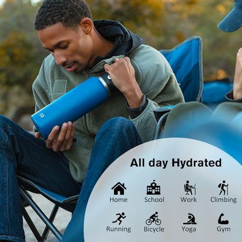 40 oz Water Bottle BPA Free Blue Metal Water Bottle Insulated Stainless Steel with Straw and Handle Lid, Reusable Thermal Sports Water Bottle Bottle Keeps Cold and Hot for Women and Men, Blue