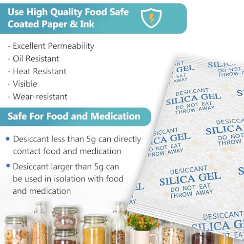 Vbeijll Premium 50 Gram 5 Pcs Desiccant Silica Gel Packets with Color Indicating - Rechargeable Moisture Absorbers for Food Grade Silica Packs for Foods, Seeds, 3D Filaments, Electronics, Safes