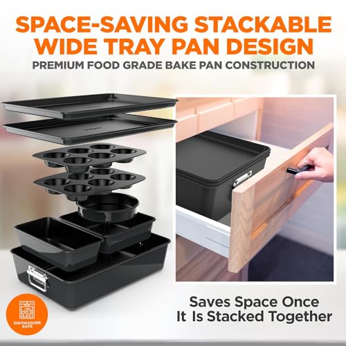 NutriChef 8-Piece Stackable Nonstick Bakeware Set - Premium Steel Baking Tray Set - Includes Round Cake Pan, 6-Cup Muffin Pans, Wide/Square Brownie & Loaf Pans, Cookie Sheet, & Roaster Pan (Black)