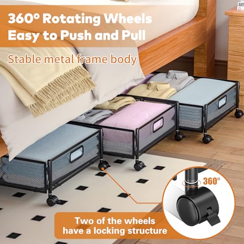 Lingusta Under Bed Storage with Wheels,Rolling Under Bed Storage Containers,Under Bed Shoe Storage for Bedroom Clothes Shoes Blankets (2 pack, Black)