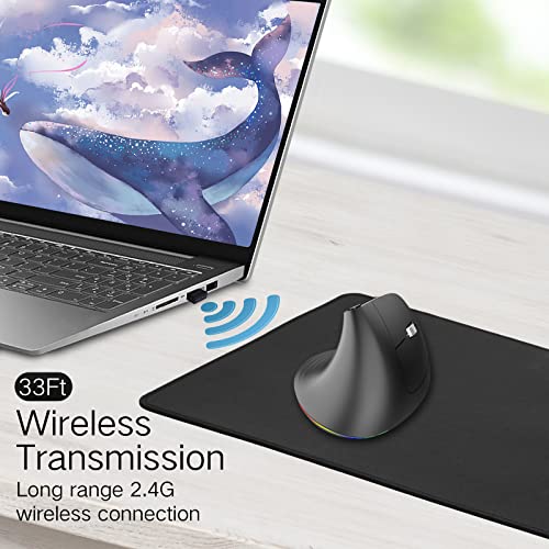 PINKCAT Wireless Ergonomic Mouse, 2.4G Vertical Mouse, USB C Rechargeable, Silent LED Advanced Ergo Mouse, 3 Adjustable DPI Optical Mouse for Laptop, PC, Desktop, Mac, Black