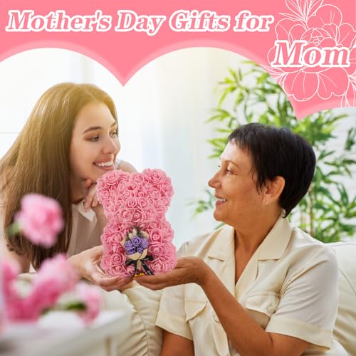 FLOWERS Rose Bear Gifts for Mothers Day, Teddy Bear with Rose Bouquet, Necklace, Greeting Card, Gifts Box for Mom, Wife, Grandma, Anniversary, Birthday, Home Decor