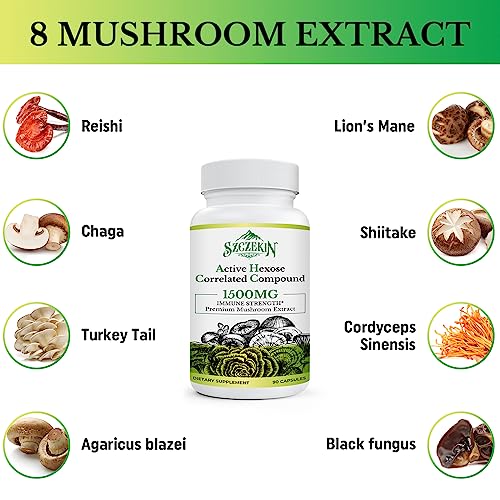 Active Hexose Correlated Compound 1500 mg Supplement, Natural 8 Mushroom Extract Supplement, Immune System, Liver Function, Natural Killer and T Cells Activity, 90 Veggie Capsules