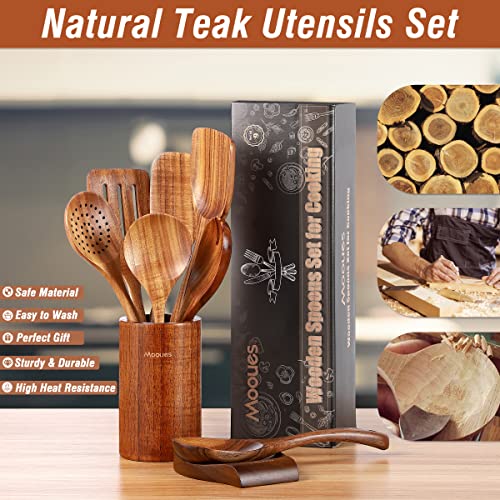 Mooues 9 Piece Natural Teak Wooden Kitchen Utensil Set with Spoon Rest - Comfort Grip Cooking Spoons and Utensils Holder