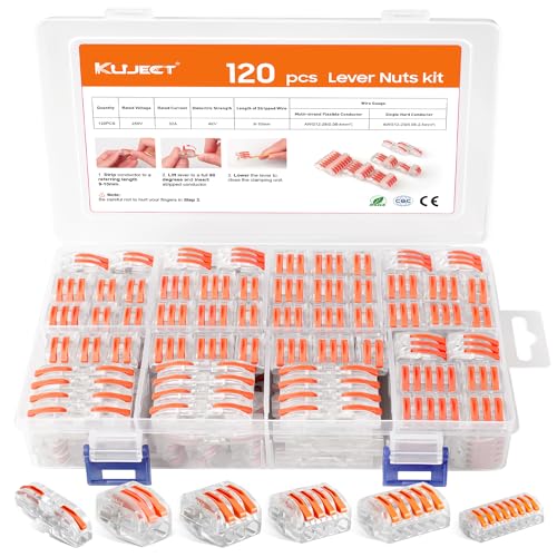 Kuject 120PCS Lever Wire Nuts Connectors Kit with 2/3/5 Conductor Combination, Electrical Lever Wire Connectors Push-in AWG 28-12, Wire Quick Connectors with 2 Circuit Inline Splices