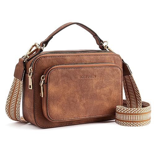 BOSTANTEN Crossbody Bags for Women Trendy Vegan Leather Purses Top Handle Shoulder Handbags with Wide Strap Beige with Brown
