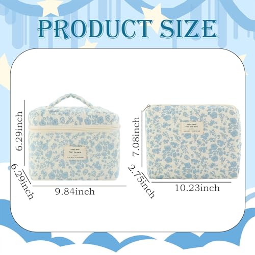 LYDZTION 2PCS Floral Quilted Makeup Bag Set for Women,Cosmetic Bag Coquette Travel Makeup Bag Pouch Cute Cotton Aesthetic Makeup Organizer Bag Large Travel Essentials for Women-Floral