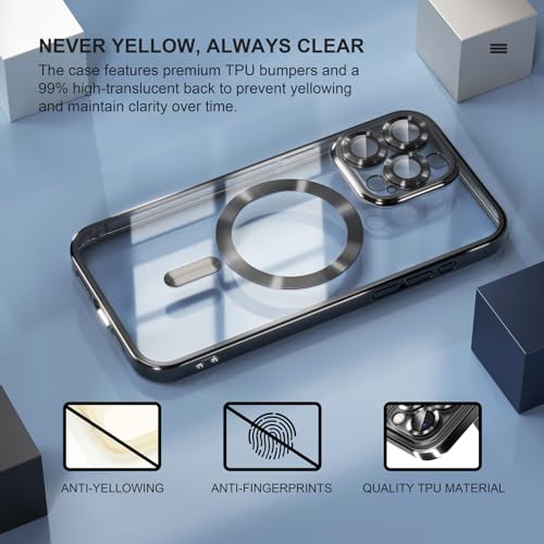 Misea Magnetic for iPhone 15 Pro Case Compatible with MagSafe [Never Yellowing] [Military Grade Drop Protection] Full Camera Lens Protector Plating Soft Clear Phone Case for Women Girls, Black