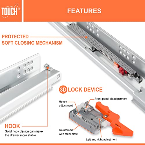 TOUCH Undermount Drawer Slides, Self-Soft Close (1 Pair, 12 Inch 305mm) for 1/2 and 5/8 Inch Side Panel, Kitchen Concealed Drawer Track Guide, Bottom Mount, 75 LB Capacity 3D Adjustable Lock Device.